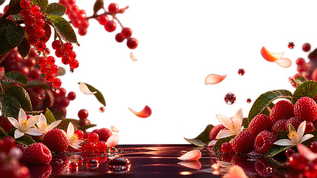 Luxury red berry garden background with floating blossom petals for advertising