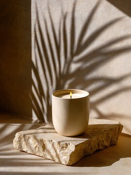 A burning scented candle in a ceramic jar on a natural stone pedestal with tropical palm leaf shadows on a beige wall.