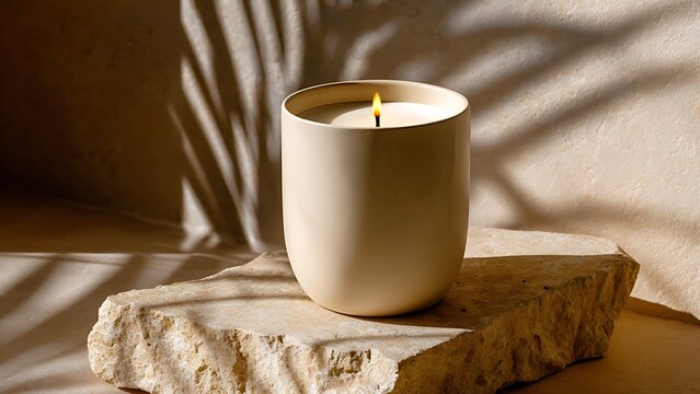 A burning scented candle in a ceramic jar on a natural stone pedestal with tropical palm leaf shadows on a beige wall.