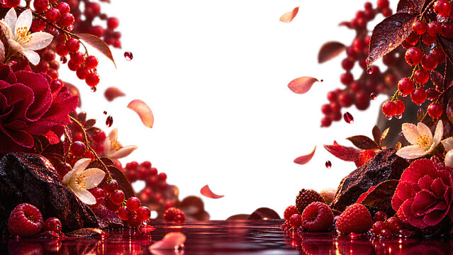 Luxury red berry garden background with floating blossom petals for advertising