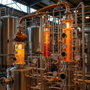 Intricate copper still and industrial equipment within a modern distillery, showcasing the vibrant liquor distillation process.