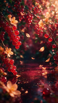 Luxury red berry garden background with floating blossom petals for advertising