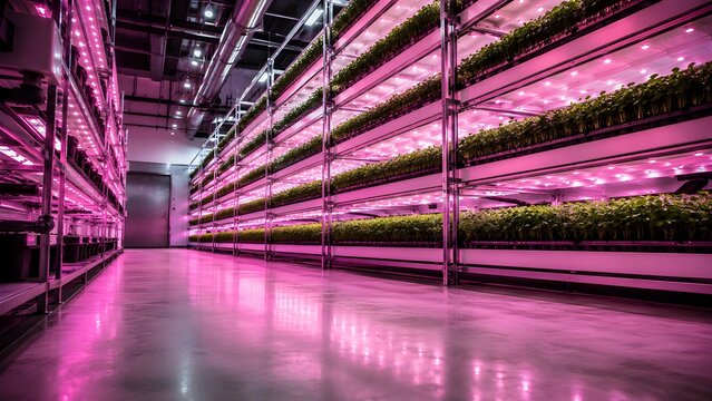 Low Angle View of Indoor Vertical Farm Facility with LED Grow Lights