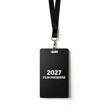 Minimalist black lanyard pass for 2027 film premiere event, vip access badge, modern festival invitation, cinema admission ticket