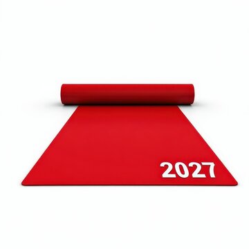 Red carpet with year 2027 unrolling on white background symbolizing new beginnings, future events, success, and celebrations
