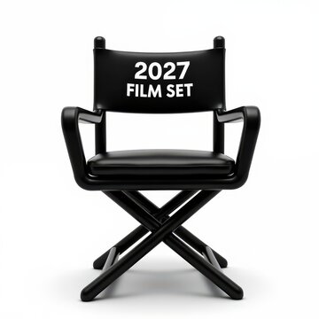 Modern directors chair with 2027 film set text, black cinema seat for movie production, minimalist filmmaking prop on white background