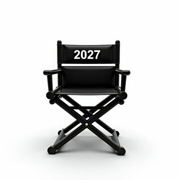 Black director chair with 2027 text isolated on white background, film industry concept, modern minimal movie production symbol