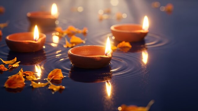 Floating Diyas with Marigold Petals - Diwali Water Background.