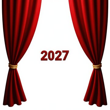 Red velvet curtains opening to reveal 2027 year, new beginning celebration, future event, theater premier, grand presentation concept