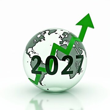 2027 global growth concept with green upward arrow and world map signifying economic and market progress trends