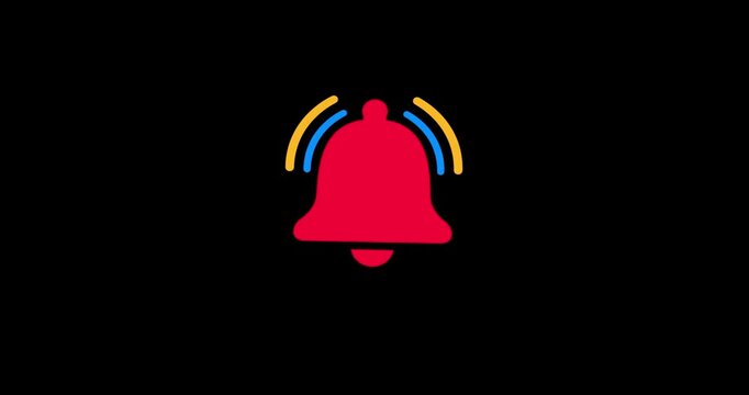 Red notification bell ringing with colorful sound waves. 2D flat design pop-up for YouTube and social media reminders. Motion graphics overlay element