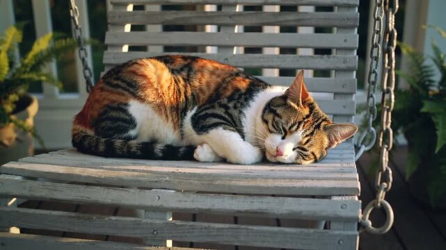 Resting tabby cat on wooden porch swing with chains, ferns, warming sunlight causing paw stretch