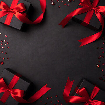 Four elegantly wrapped black gift boxes adorned with luxurious red satin ribbons and scattered sequins for a festive celebration background