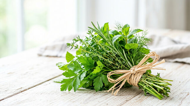 Herb bunch tied with raffia natural twine on a wooden table  