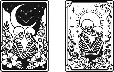 Fototapeta premium A spooky and romantic halloween tarot card depicting skeletons in love embracing under the crescent moon and stars