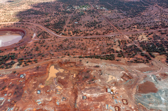 Gold mining area with Boreholes, water basins and earthworks, Aerial View, murchison region, western australia