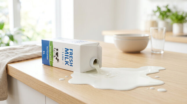 Fresh milk carton spilled on kitchen countertop creating a white puddle  