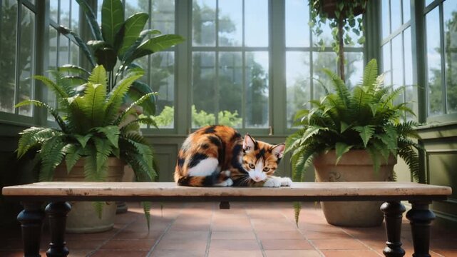 Stretching calico cat shifting back, curling on wood bench by windows, light warming fur and ferns
