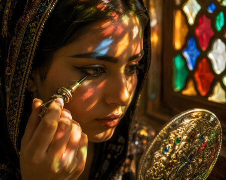 Traditional Kohl Application Lit By Stained Glass Window