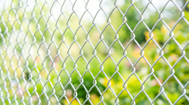 Chain link fence diamond mesh hole with blurred greenery background  