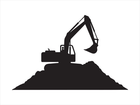 Heavy Construction Excavator and Loader Machinery Design Icon. Excavator digging machine silhouette with bucket for earthwork flat vector isolated illustration design