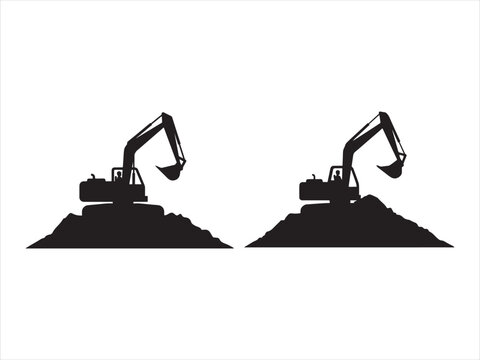 Heavy Construction Excavator and Loader Machinery Design Icon. Excavator digging machine silhouette with bucket for earthwork flat vector isolated illustration design