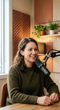 Vertical portrait of a woman recording a podcast. Female host smiling and speaking into a microphone in a studio. Audio broadcasting and content creation