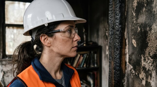 Female insurance inspector examining fire damage in a ruined building. Professional woman in safety gear looking at charred wood