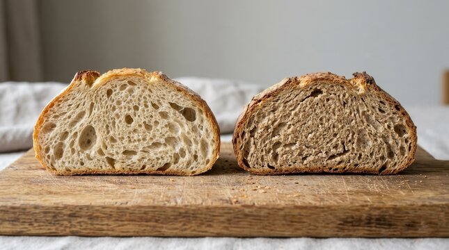 Comparison of fresh versus stale artisan bread halves on a wooden board. Soft airy crumb next to dry dense texture. Visual difference in aging baked goods