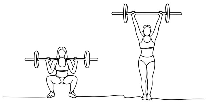 Continuous single line drawing of a woman lifting heavy barbell weights in a squat and standing overhead press position Vector, illustration