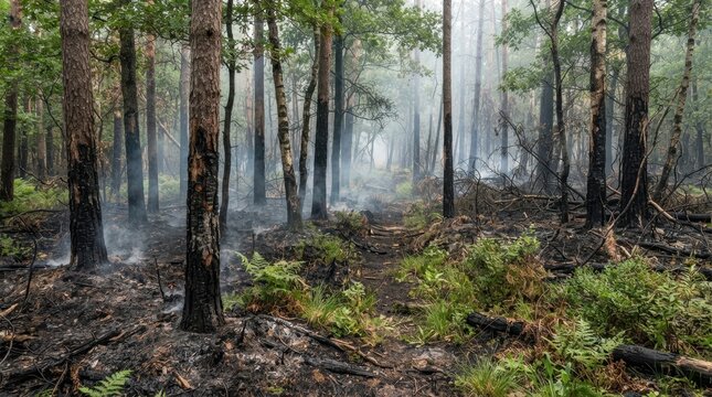 Aftermath of a devastating forest fire with charred trees and lingering smoke. Burned woodland landscape with surviving green ferns. Environmental disaster concept