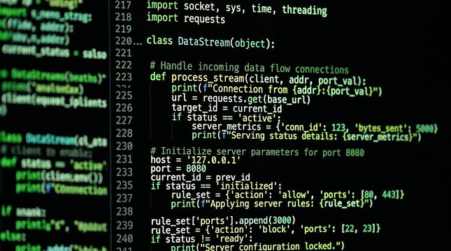 Computer screen displaying complex python server code with green syntax highlighting and socket programming logic for data stream management in professional software development environment settings