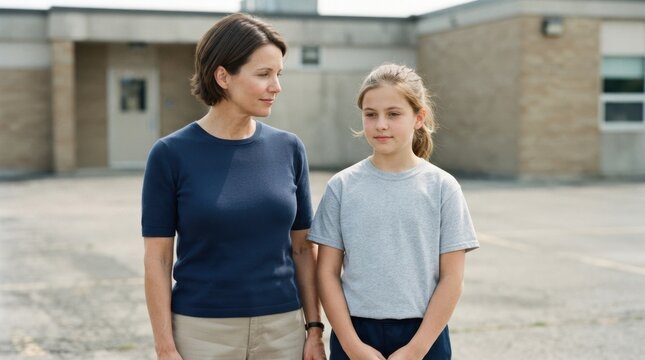 Teacher and student standing together during a school fire drill. Educational safety concept