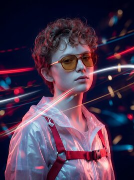 Futuristic cyberpunk portrait of a stylish young model wearing tinted sunglasses and a translucent techwear jacket surrounded by dynamic neon light trails for modern creative campaigns