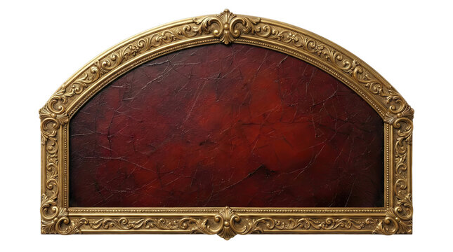 Wide arched golden baroque decorative frame enclosing a shattered dark red vintage texture blank space