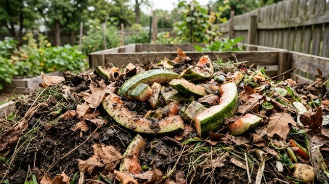 Watermelon rinds in a backyard compost bin. Organic waste recycling and sustainable gardening concept