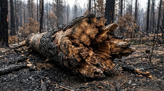 Burned tree trunk in a wildfire forest. Charred wood texture after forest fire. Environmental damage concept