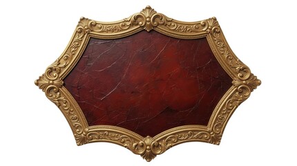 Elegant golden baroque frame with intricate floral carvings around textured deep red cracked canvas