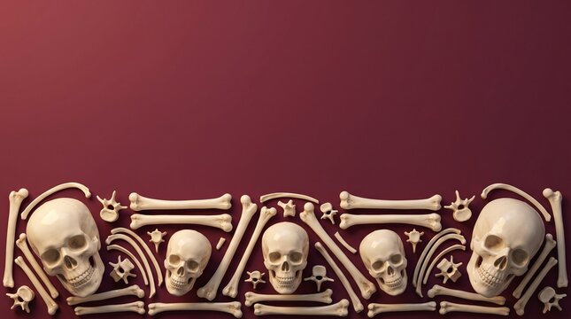 Human skulls and bones arranged in a horizontal border pattern on a dark purple background for halloween design