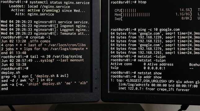 Linux server command line interface showing system status and network diagnostics inside terminal window on dark screen with root access privileges for server administration tasks