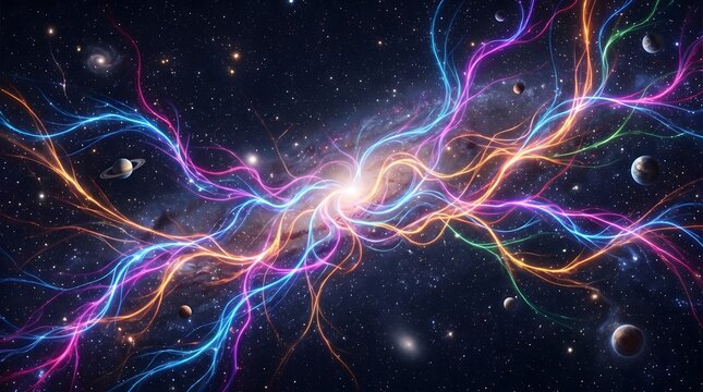 Glowing nebular light streaks across dark starry space background with orbiting planets illustrate cosmic energy flow for science fiction and universe concepts.