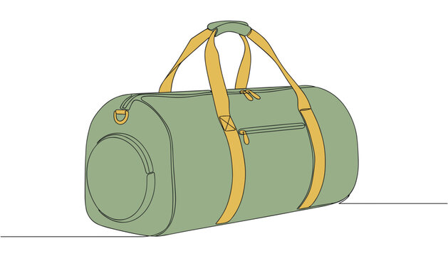 Green duffel bag with yellow straps and circular side pocket for gym and travel.