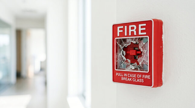 Fire alarm pull station with broken glass on a white wall  