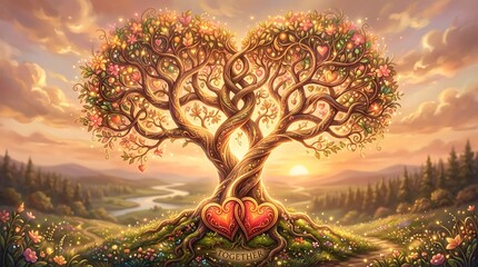 Naklejka premium Two intertwined trees with heart shaped branches under golden sunset sky symbolize eternal love and romantic connection for valentine or anniversary celebration.