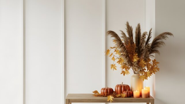 Decorative fall centerpiece with small pumpkins and dry pampas grass sitting on a wooden console table