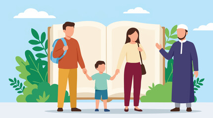 Fototapeta premium Muslim family with child and religious teacher, education and faith concept