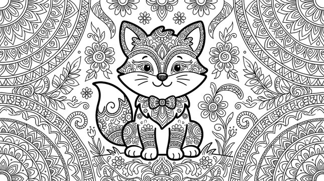 Cute cat coloring page with intricate zentangle and floral patterns for kids and adults
