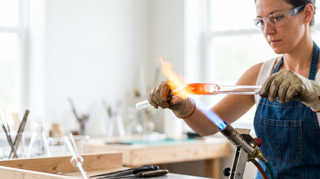 Glassblower shaping glass tube with flame in a bright studio  