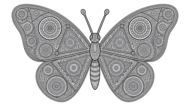 Intricate black and white butterfly coloring page with zentangle and geometric patterns