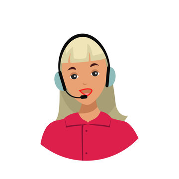 Customer support agent. Female call center operator wearing headsets, assisting clients through phone communication and online consultation channels. Modern vector illustration.